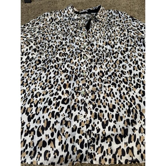 CHICOS Linen Cheetah Animal Print 3/4 Sleeve Button Down Shirt Top Sz 3 16/18 - Picture 2 of 9